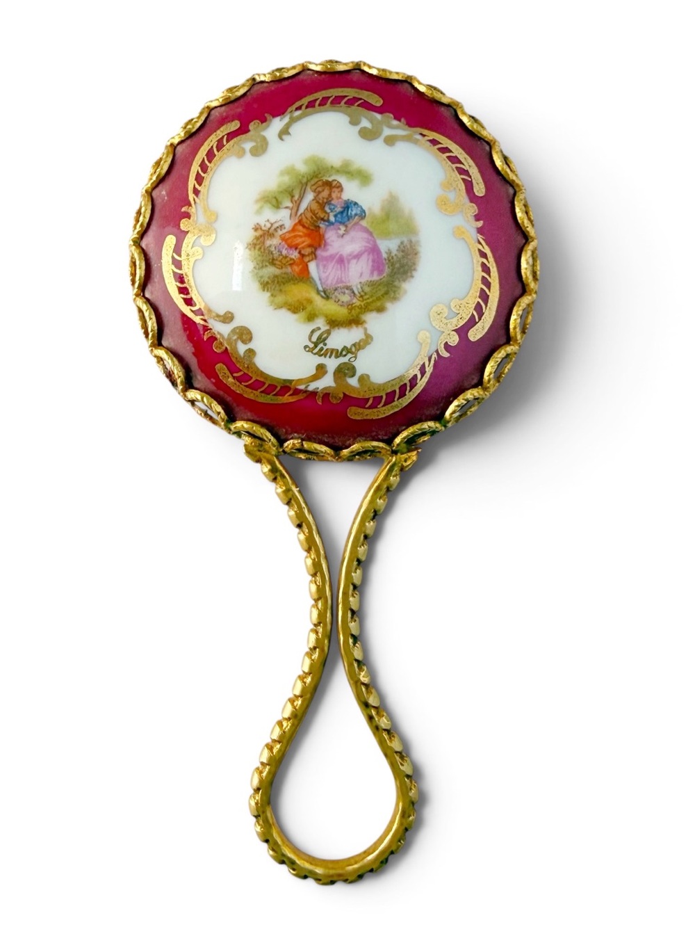 Vintage Limoges Porcelain Victorian Courting Scene Petite Vanity Hand Mirror